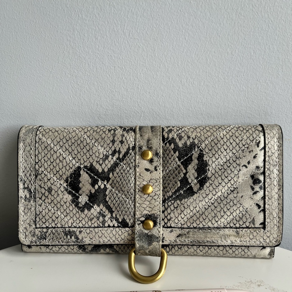 NWOT Snakeskin Leather Clutch/ wallet with Gold Accents and RFID protection